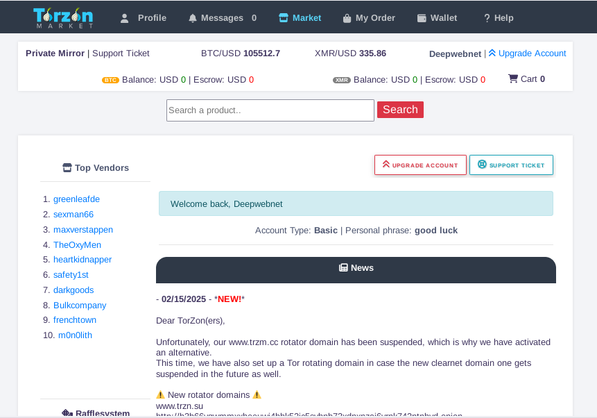 TorZon marketplace main page TorZon marketplace main page