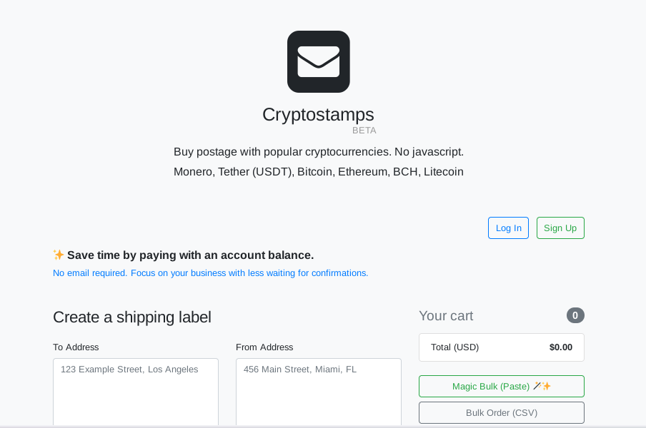 Cryptostamps website main page