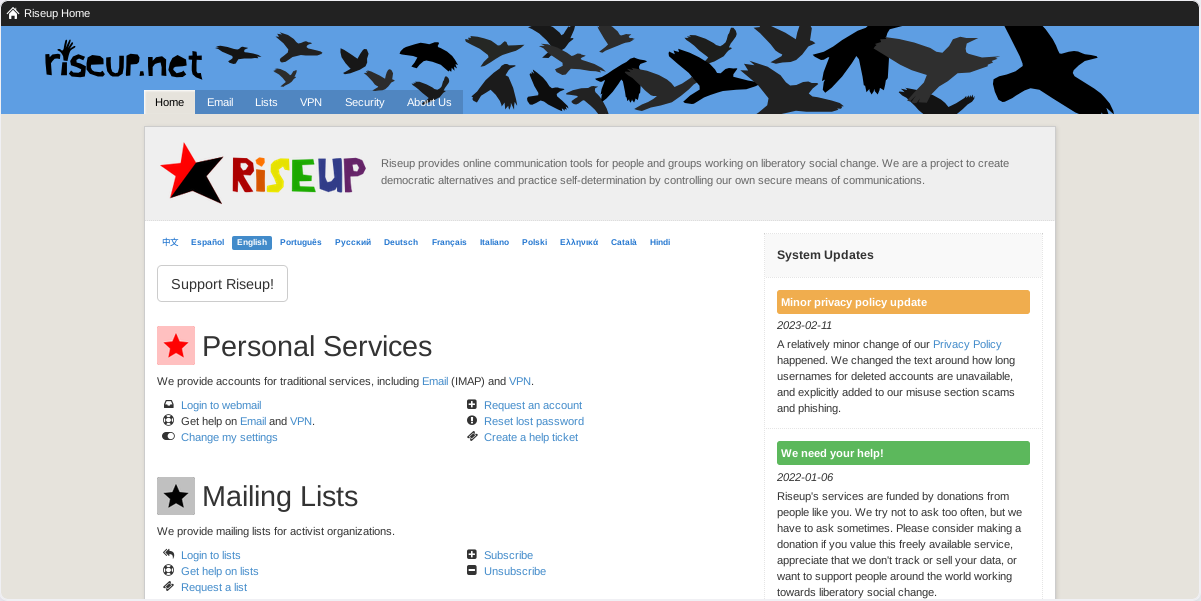 Riseup mainpage Riseup mainpage