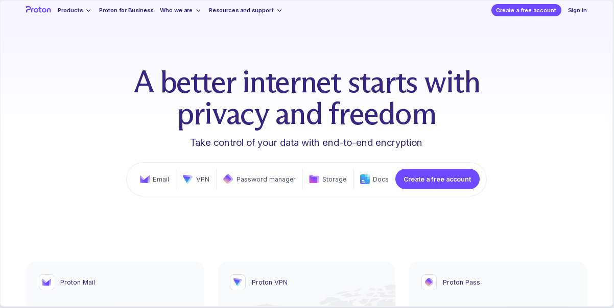 Protonmail mainpage Protonmail mainpage