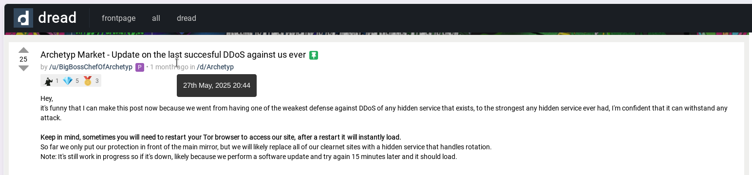 Archetype admin message on Dread forum